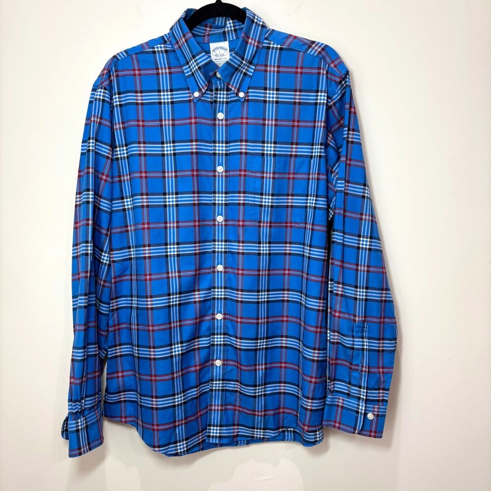 Brooks Brothers Regent Fit Button Up Shirt Blue Plaid Men L Long Sleeve Classic